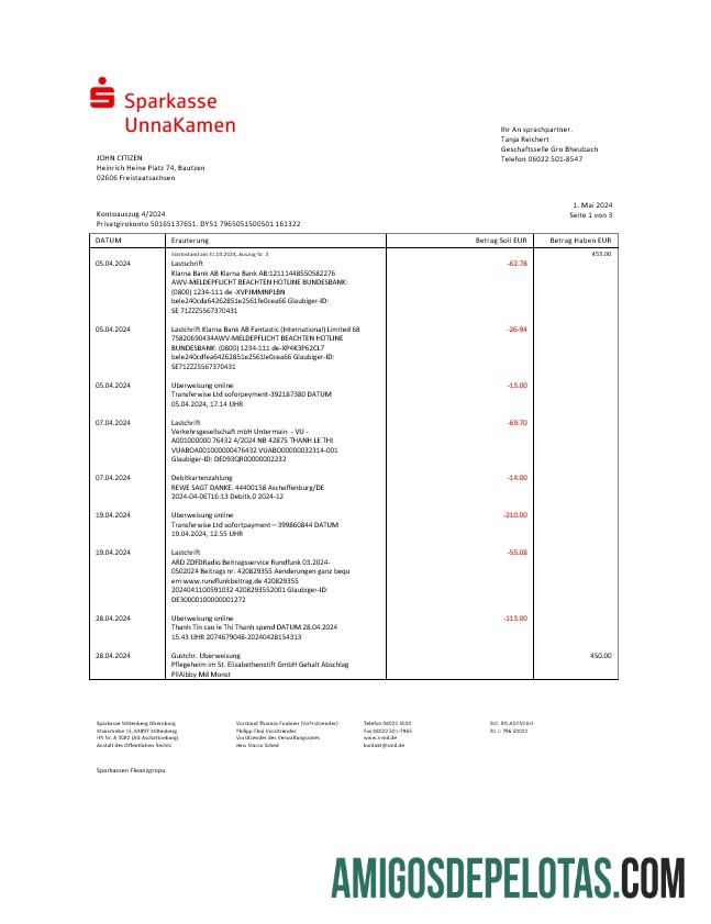 Imprimível Alemanha Sparkasse UnnaKamen Extrato bancário modelo Word e PDF